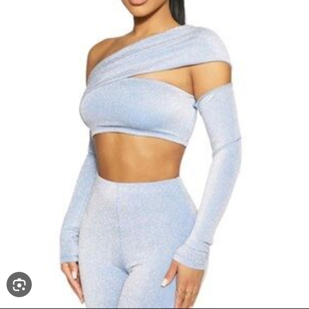Naked Wardrobe One Shoulder Shimmer Metallic Long Sleeve Blue Top Small NWT
